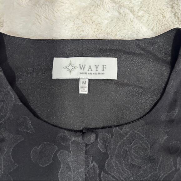 WAYF Size M Black Floral Jacquard Elegant Silky Cropped Classic Wrap Top Date - Picture 7 of 11